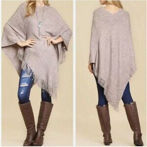 Steve Madden Women's Grey Tasselled Fringe Poncho Cape One Size Two-Tone Cozy